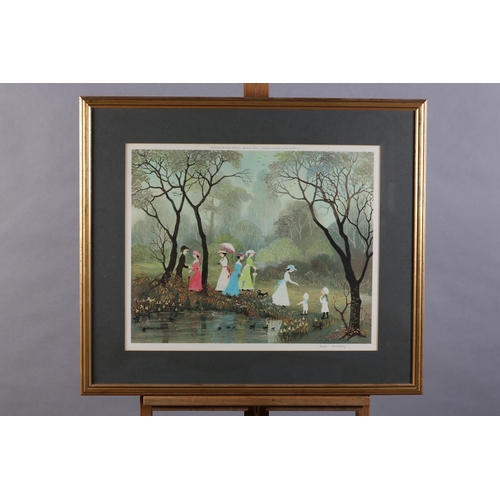 138 - ARR By and after Helen Bradley (1900-1979), Parkland lake and figures, colour print, signed in penci... 