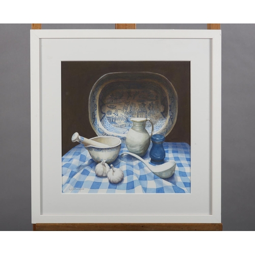 144 - Gillian L Dunsmore (Contemporary), Still life of blue and white willow pattern meat dish, pestle and... 