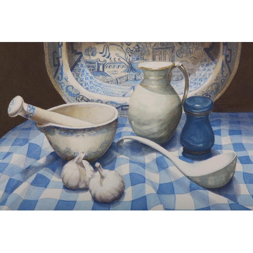 144 - Gillian L Dunsmore (Contemporary), Still life of blue and white willow pattern meat dish, pestle and... 