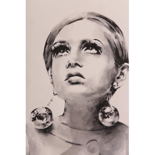 146 - Mandy Shepherd (British Contemporary), Twiggy, head and shoulder portrait, monochrome, mixed media, ... 