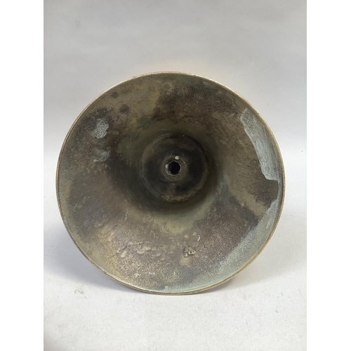 33 - A brass bell with fixing bolt, 19cm high x 22.5cm diameter, no clanger