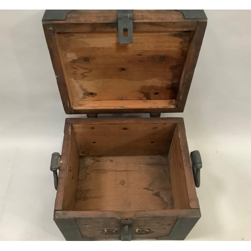 54 - An early 20th century military iron-bound oak case with ring handles and corner protectors, strap hi... 