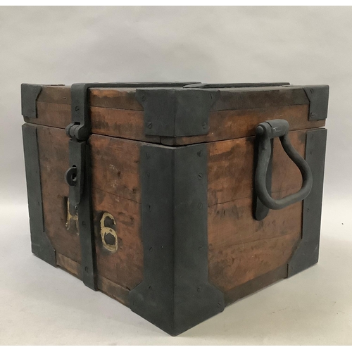 54 - An early 20th century military iron-bound oak case with ring handles and corner protectors, strap hi... 