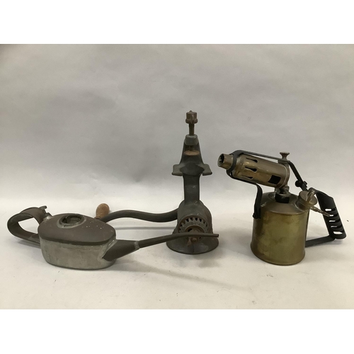 55 - An iron griddle plate, a Beatrice No. 2 mincer, two large pairs of scissors, cast iron hook, a brass... 