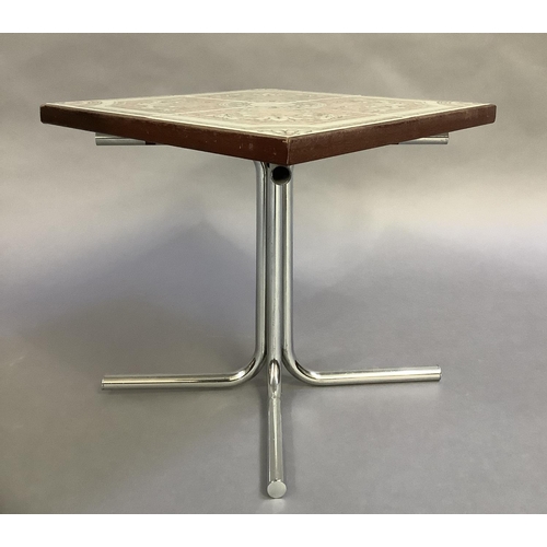 7 - A tile top occasional table of square outline, on pedestal and four chrome tubular feet, 41cm square... 