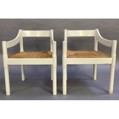 5 - Vico Magistretti for Cassina c1960s, a pair of Carimate white framed open armchairs with rush seats