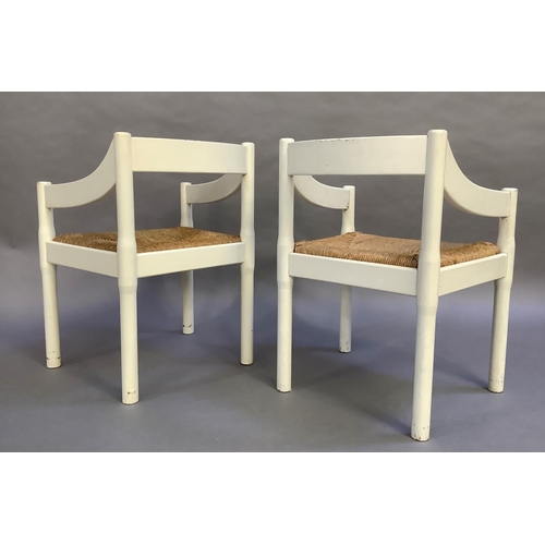 5 - Vico Magistretti for Cassina c1960s, a pair of Carimate white framed open armchairs with rush seats