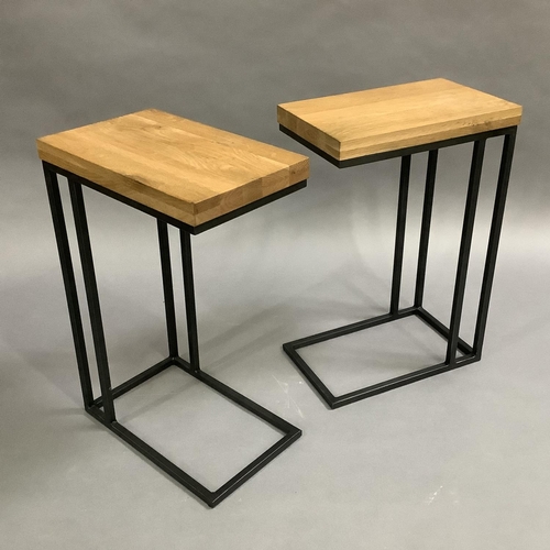 6 - A contemporary pair of pale oak and black metal framed side tables, 40cm wide x 25cm deep x 60cm hig... 