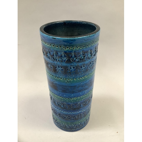18 - An Italian Bitossi vase, cylindrical, banded with incised geometrical borders in turquoise, dark blu... 
