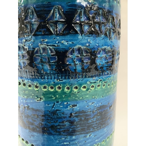 18 - An Italian Bitossi vase, cylindrical, banded with incised geometrical borders in turquoise, dark blu... 
