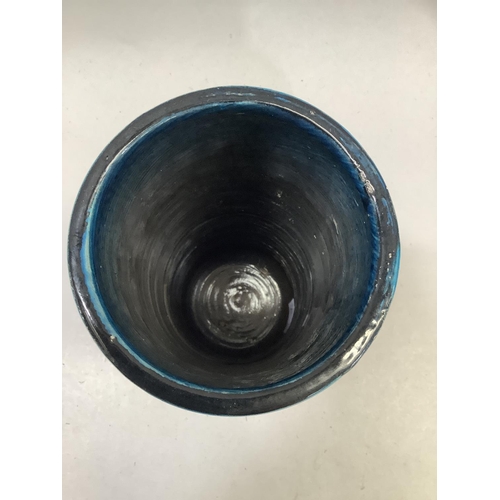 18 - An Italian Bitossi vase, cylindrical, banded with incised geometrical borders in turquoise, dark blu... 