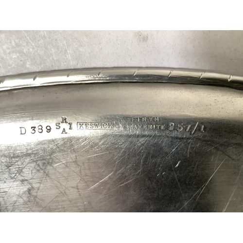 51 - Keswick School of Industrial Art, steel oval tray with oblique notch rim, stamped no. D389 KSAI Kesw... 