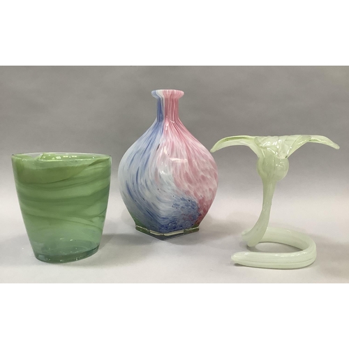 14 - An art glass vase in marbled pink, blue and green baluster form and square outline, 25cm high togeth... 