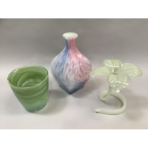 14 - An art glass vase in marbled pink, blue and green baluster form and square outline, 25cm high togeth... 