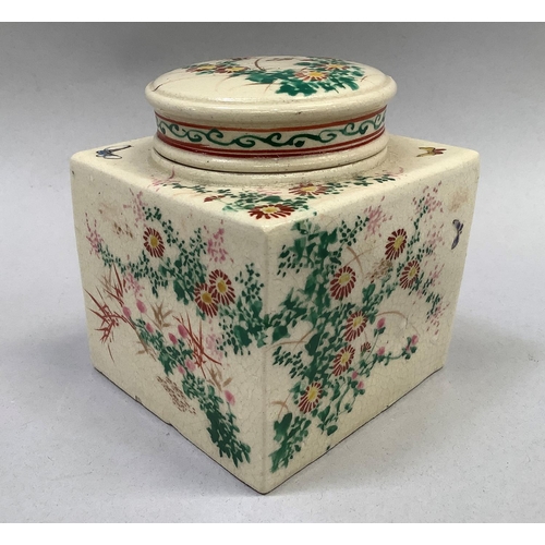 27 - A late 19th century Japanese pottery jar of square outline the circular cover and each panel painted... 