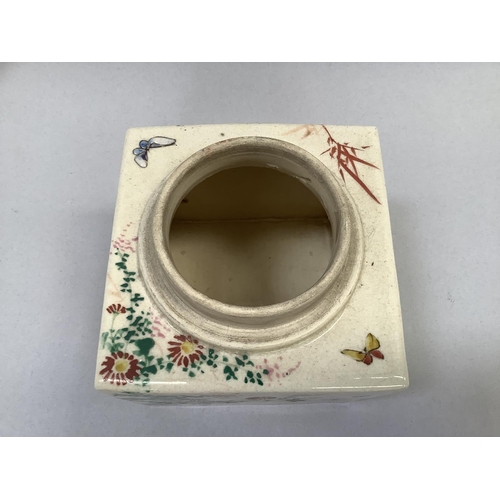 27 - A late 19th century Japanese pottery jar of square outline the circular cover and each panel painted... 