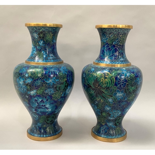 30 - A pair of 20th century Chinese cloisonné vases in shades of blue, baluster form 31cm high