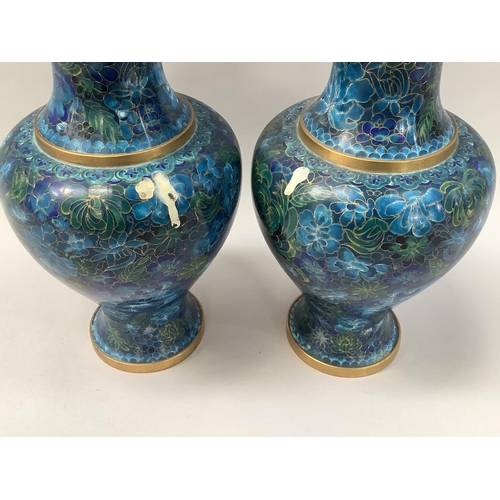 30 - A pair of 20th century Chinese cloisonné vases in shades of blue, baluster form 31cm high