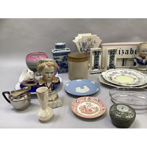 51 - A pair of reproduction pottery busts, stoneware storage jars, decorative plates, vases, reproduction... 