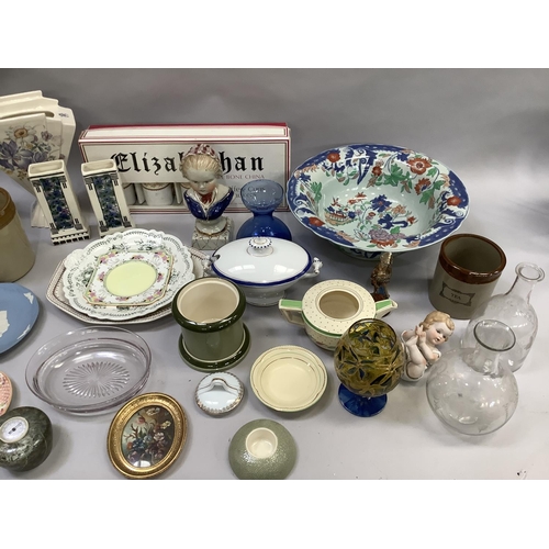 51 - A pair of reproduction pottery busts, stoneware storage jars, decorative plates, vases, reproduction... 