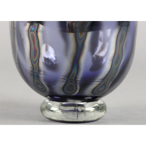 6 - Jane Charles (b1961), Iridescent violet studio glass bowl on clear foot, signed to underside, 11.5cm... 