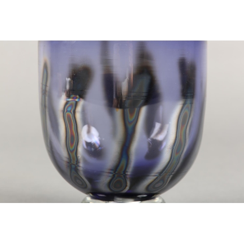 6 - Jane Charles (b1961), Iridescent violet studio glass bowl on clear foot, signed to underside, 11.5cm... 