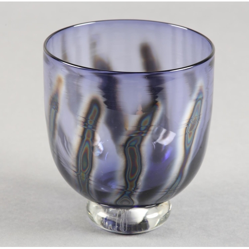 6 - Jane Charles (b1961), Iridescent violet studio glass bowl on clear foot, signed to underside, 11.5cm... 