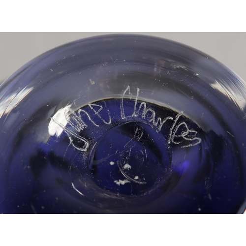 6 - Jane Charles (b1961), Iridescent violet studio glass bowl on clear foot, signed to underside, 11.5cm... 