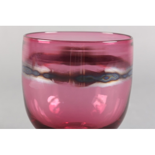 7 - Jane Charles (b1961), Iridescent cranberry studio glass bowl, signed to underside, 11cm diameter x 1... 