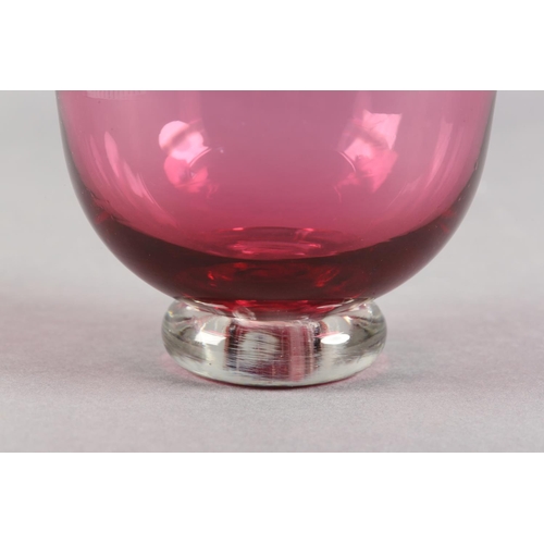 7 - Jane Charles (b1961), Iridescent cranberry studio glass bowl, signed to underside, 11cm diameter x 1... 