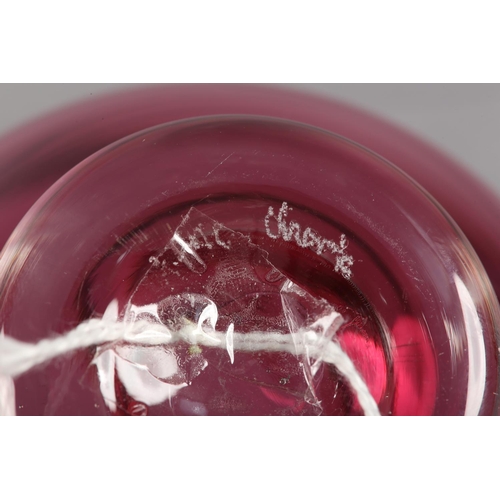 7 - Jane Charles (b1961), Iridescent cranberry studio glass bowl, signed to underside, 11cm diameter x 1... 