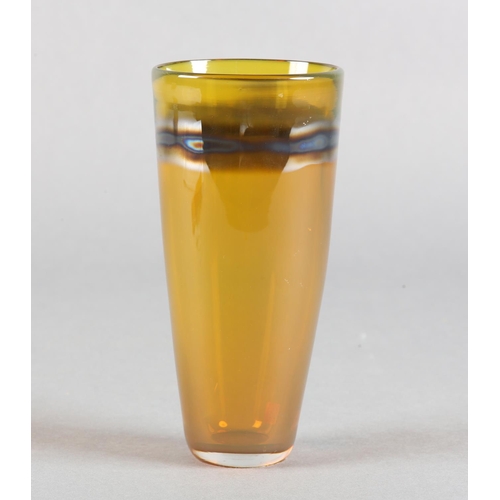 8B - Jane Charles (b1961), Amber iridescent studio glass tapered vase, signed to underside, 8cm diameter ... 