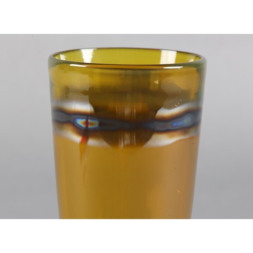 8B - Jane Charles (b1961), Amber iridescent studio glass tapered vase, signed to underside, 8cm diameter ... 
