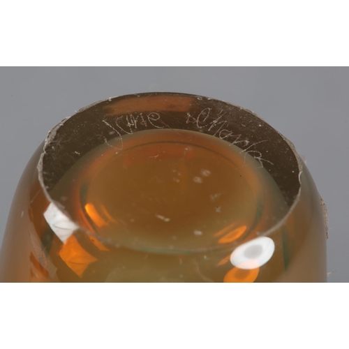 8B - Jane Charles (b1961), Amber iridescent studio glass tapered vase, signed to underside, 8cm diameter ... 