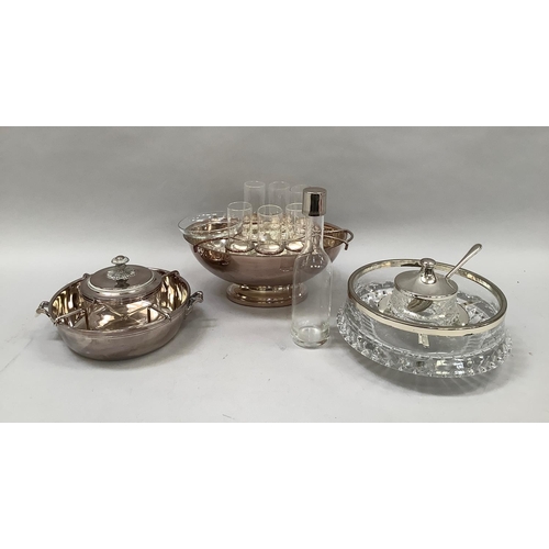 43 - A novelty silver plated oval form vodka shot glass, bottle and mixing bowl stand, with fitting area ... 