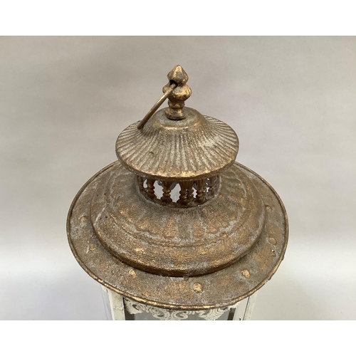 39 - A white and gilt metal and glass hanging lantern, 42cm high