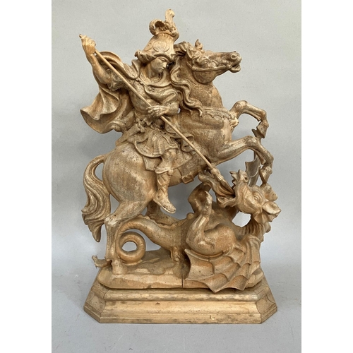 9 - A Grodner Holzschnitzerei wooden carving of St George slaying the dragon, on plinth base, unpainted ... 