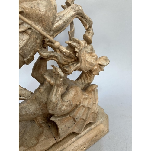 9 - A Grodner Holzschnitzerei wooden carving of St George slaying the dragon, on plinth base, unpainted ... 