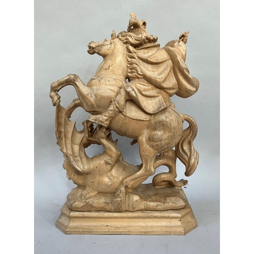 9 - A Grodner Holzschnitzerei wooden carving of St George slaying the dragon, on plinth base, unpainted ... 