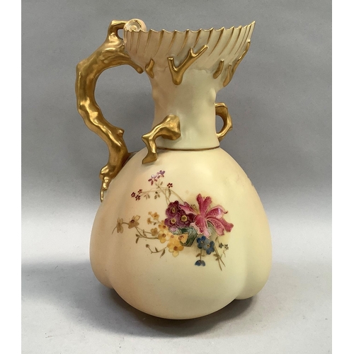 2 - A Royal Worcester blush ivory jug, having a shell neck with coral handle above a lobed body painted ... 