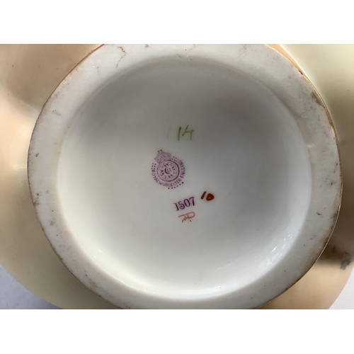 2 - A Royal Worcester blush ivory jug, having a shell neck with coral handle above a lobed body painted ... 
