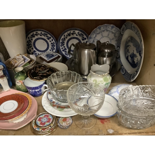 54 - A collection of jelly moulds, blue and white meat dish, glass bottles, decanters, vases, china, ink ... 