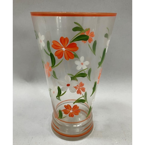5 - A 1950s lemonade set, clear glass painted in orange, green and white flowers, comprising jug and six... 