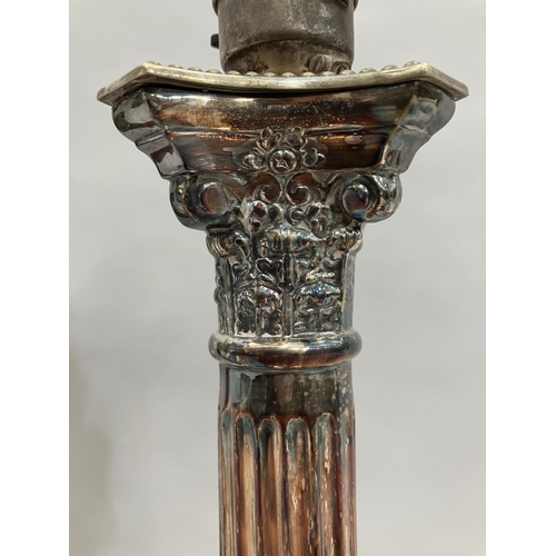 23 - A pair of silver-plated Corinthian column table lamps on square stepped and beaded bases, 37.5cm hig... 