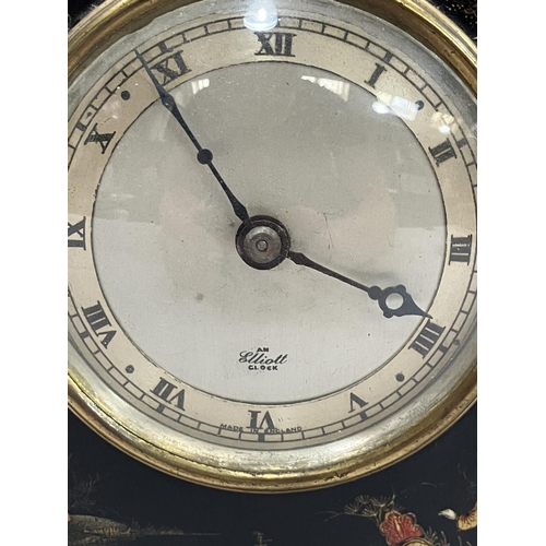 3 - An Elliott mantel clock in arched chinoiserie case, 18.5cm high