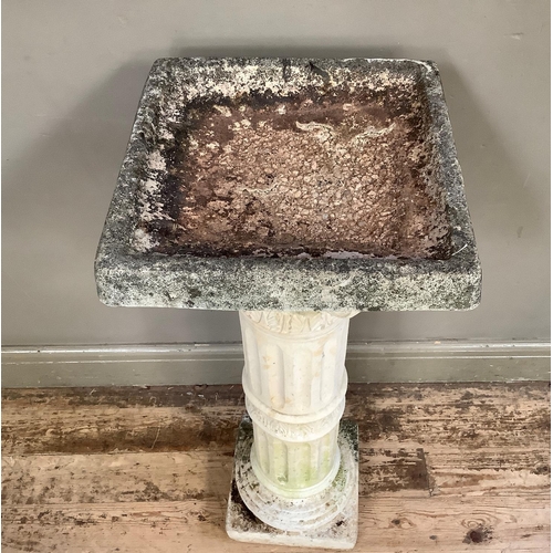 2 - A concrete garden bird bath on column square base measuring 96cm high and 40cm wide