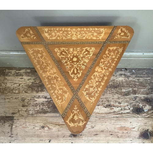54 - A stained beech stool together with an Italian three legged sewing table, triangular form with box s... 
