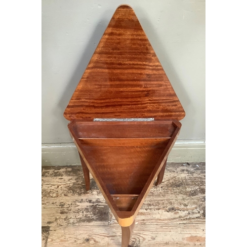 54 - A stained beech stool together with an Italian three legged sewing table, triangular form with box s... 