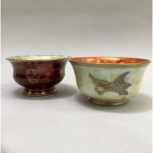 10B - Two Wedgwood lustre bowls, the first printed with butterflies against a pale yellow mottled ground t... 