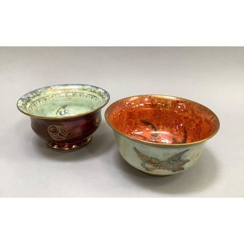 10B - Two Wedgwood lustre bowls, the first printed with butterflies against a pale yellow mottled ground t... 